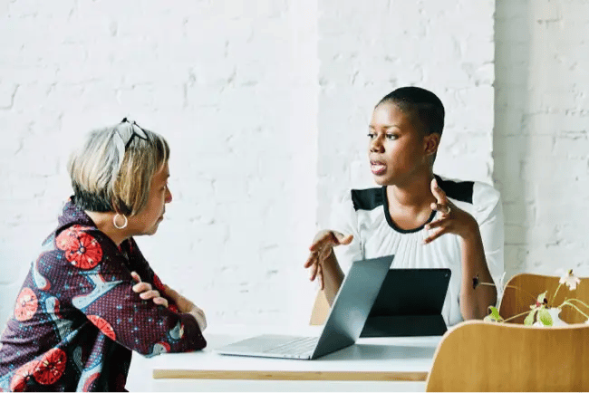 two women talking